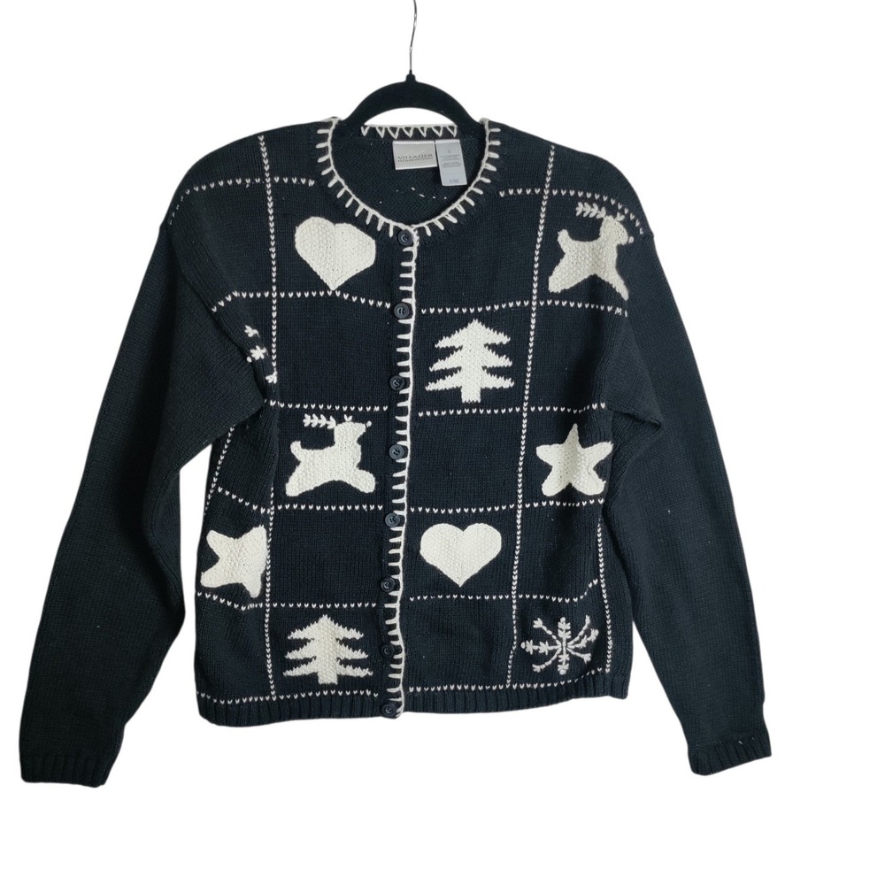 Villager Liz Claiborne Christmas Cardigan Sweater Black Reindeer Tree Heart S